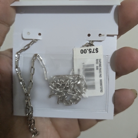 Kendra Scott Daphne Silver Pave Frame Short Pendant Necklace in Navy Tiger's Eye - Picture 6 of 7